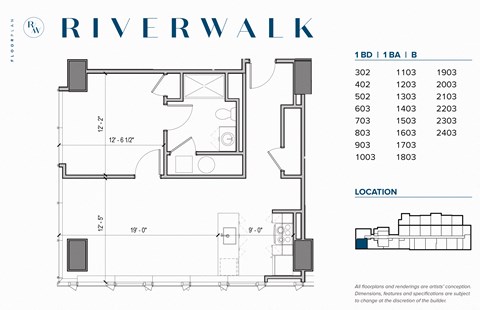 Floor plan for 1 bed, 1 bath, 767 sqft
